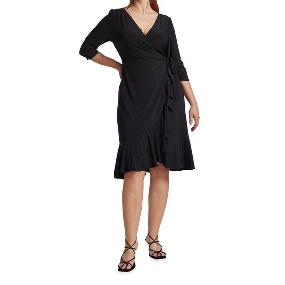 NWT Kiyonna | Whimsy Ruffle Wrap Dress 3/4 Long Sleeve V Neck Black Noir S - Picture 1 of 9